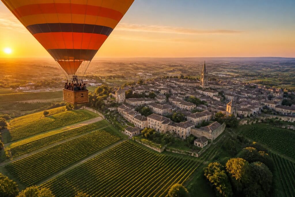 vivez une expérience unique en survolant les magnifiques vignobles de saint-émilion en montgolfière. découvrez des panoramas à couper le souffle et plongez au cœur du terroir bordelais.